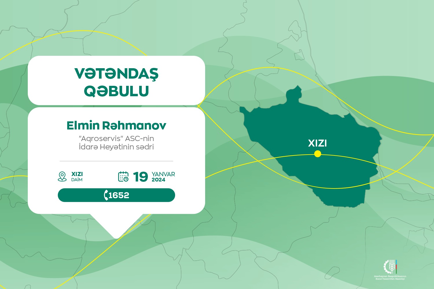 “Aqroservis” ASC-nin sədri Elmin Rəhmanov Xızıda vətəndaşları qəbul edəcək