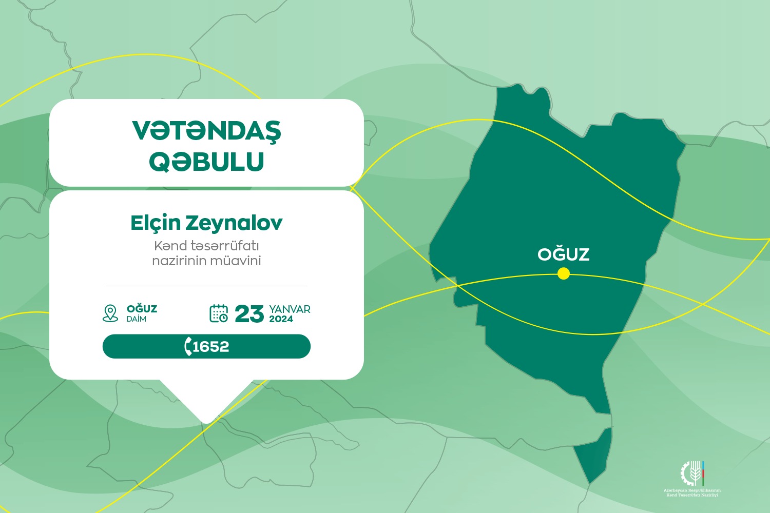 Kənd təsərrüfatı nazirinin müavini Elçin Zeynalov Oğuzda vətəndaşları qəbul edəcək