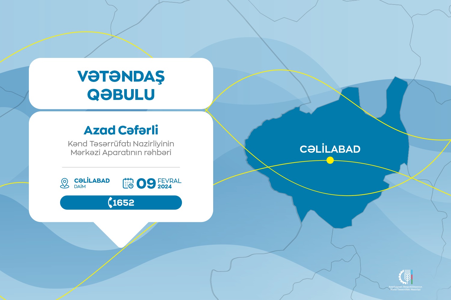 Kənd Təsərrüfatı Nazirliyinin Aparat rəhbəri Azad Cəfərli Cəlilabadda vətəndaşları qəbul edəcək