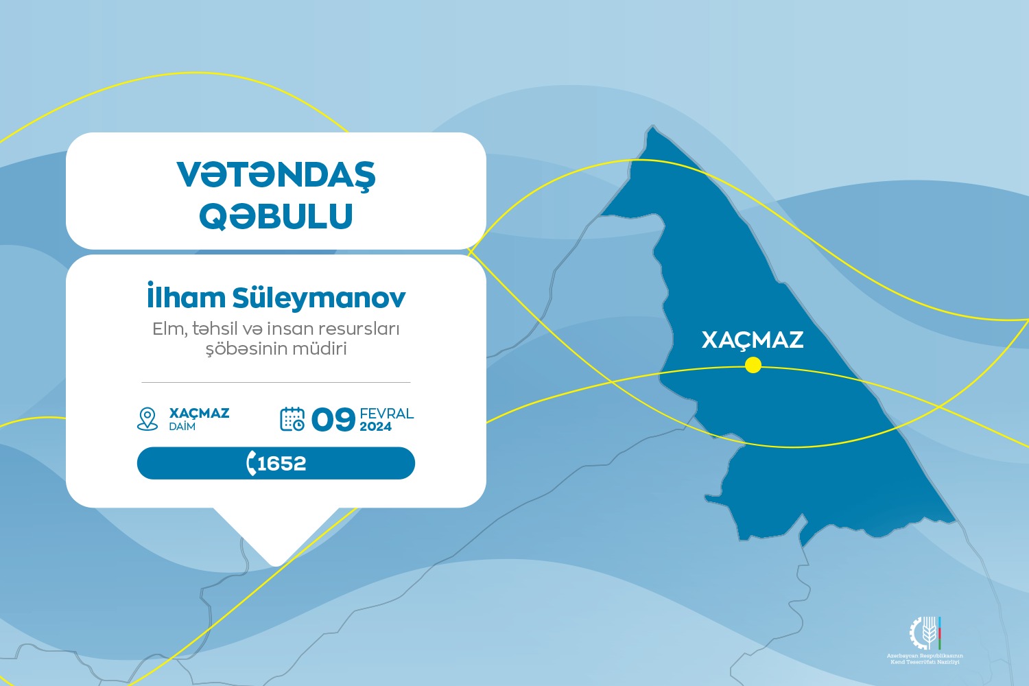 Kənd Təsərrüfatı Nazirliyinin Elm, təhsil və insan resursları şöbəsinin müdiri İlham Süleymanov Xaçmazda vətəndaşları qəbul edəcək