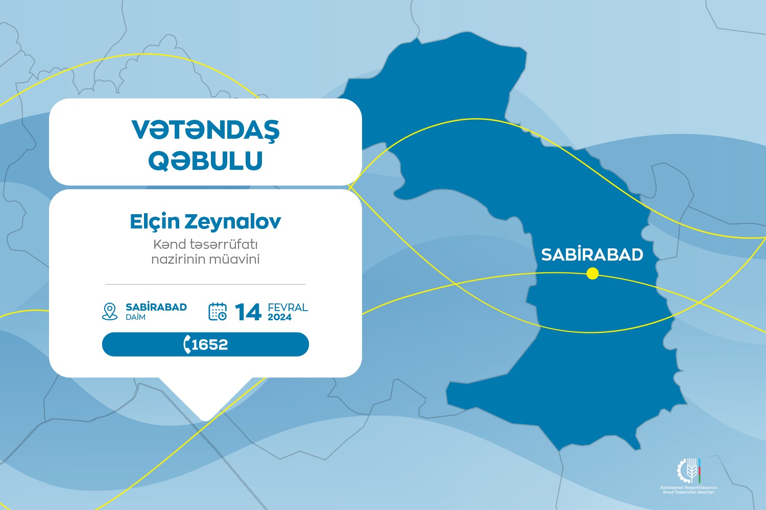 Kənd təsərrüfatı nazirinin müavini Elçin Zeynalov Sabirabadda vətəndaşları qəbul edəcək