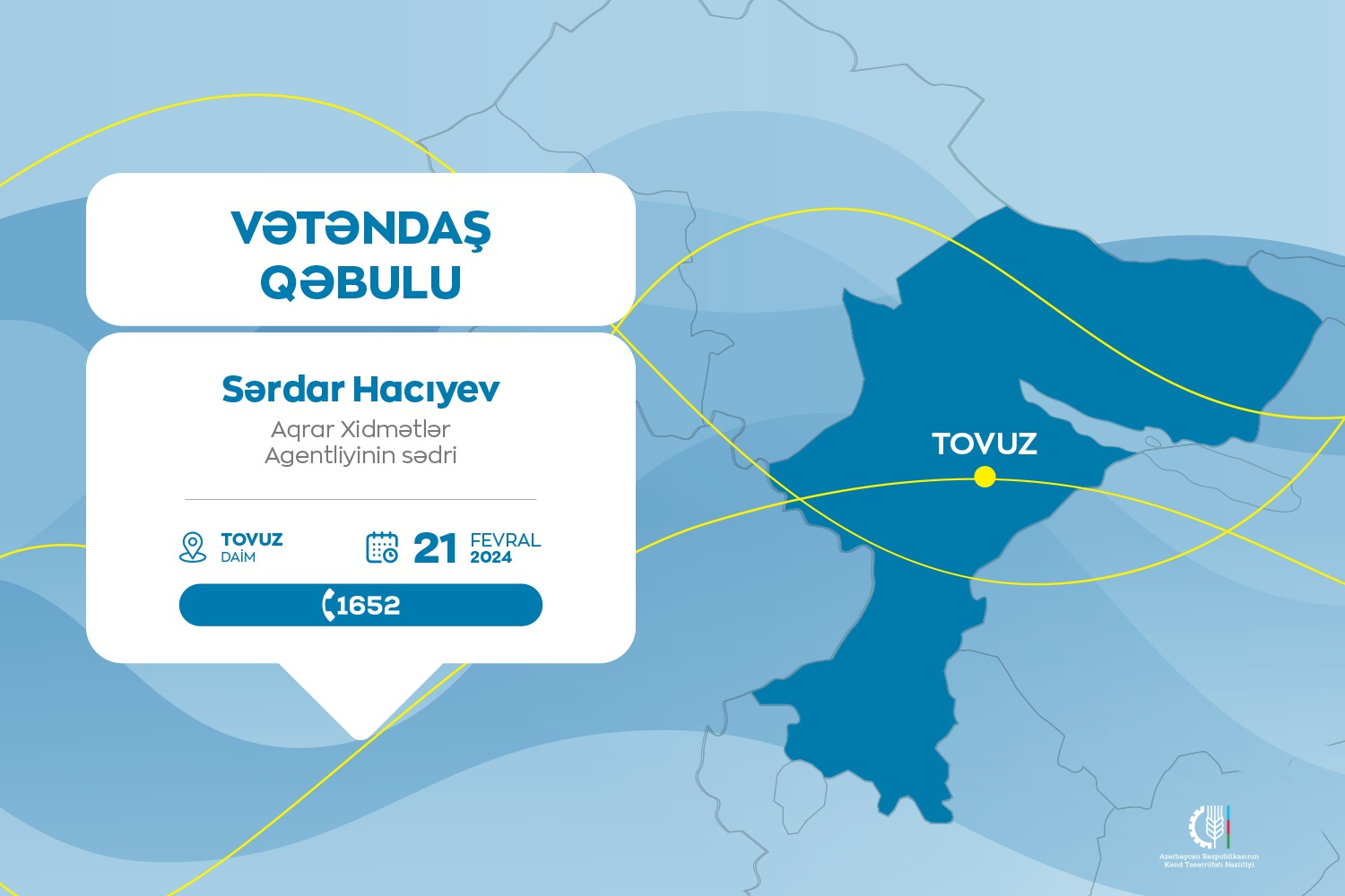 Aqrar Xidmətlər Agentliyinin sədri Sərdar Hacıyev Tovuzda vətəndaşları qəbul edəcək