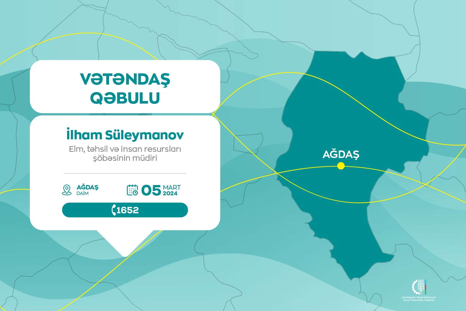 Kənd Təsərrüfatı Nazirliyinin Elm, təhsil və insan resursları şöbəsinin müdiri İlham Süleymanov Ağdaşda vətəndaşları qəbul edəcək