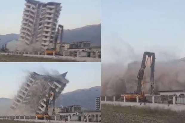 Türkiyədə 11 mərtəbəli binanı kəndirlə dartaraq uçurdular - VİDEO