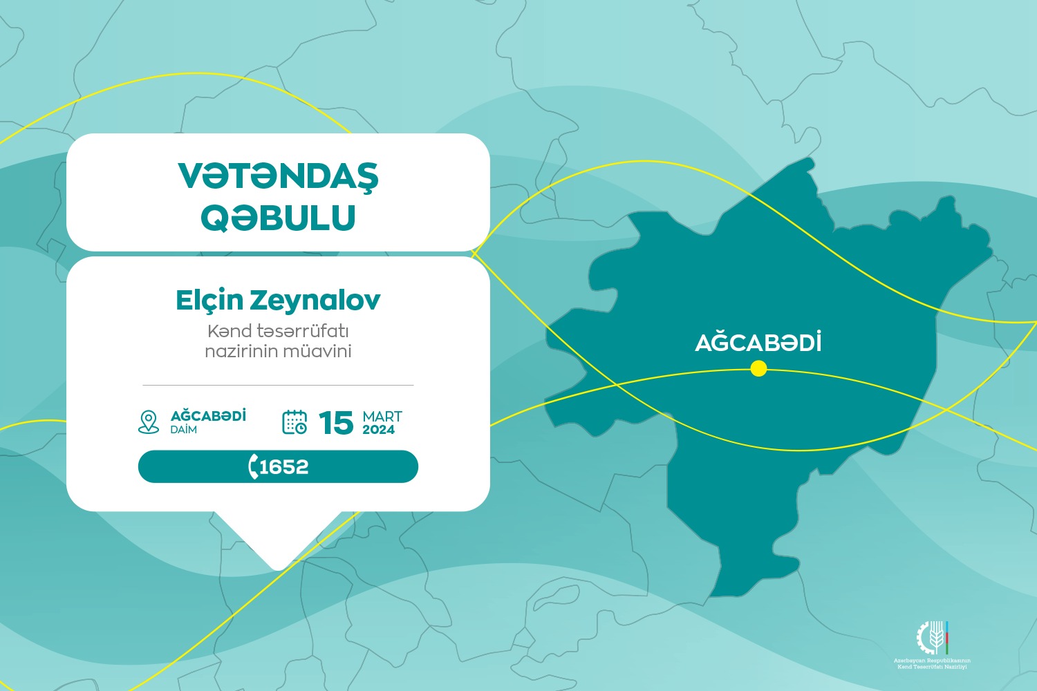 Kənd təsərrüfatı nazirinin müavini Elçin Zeynalov Ağcabədidə vətəndaşları qəbul edəcək