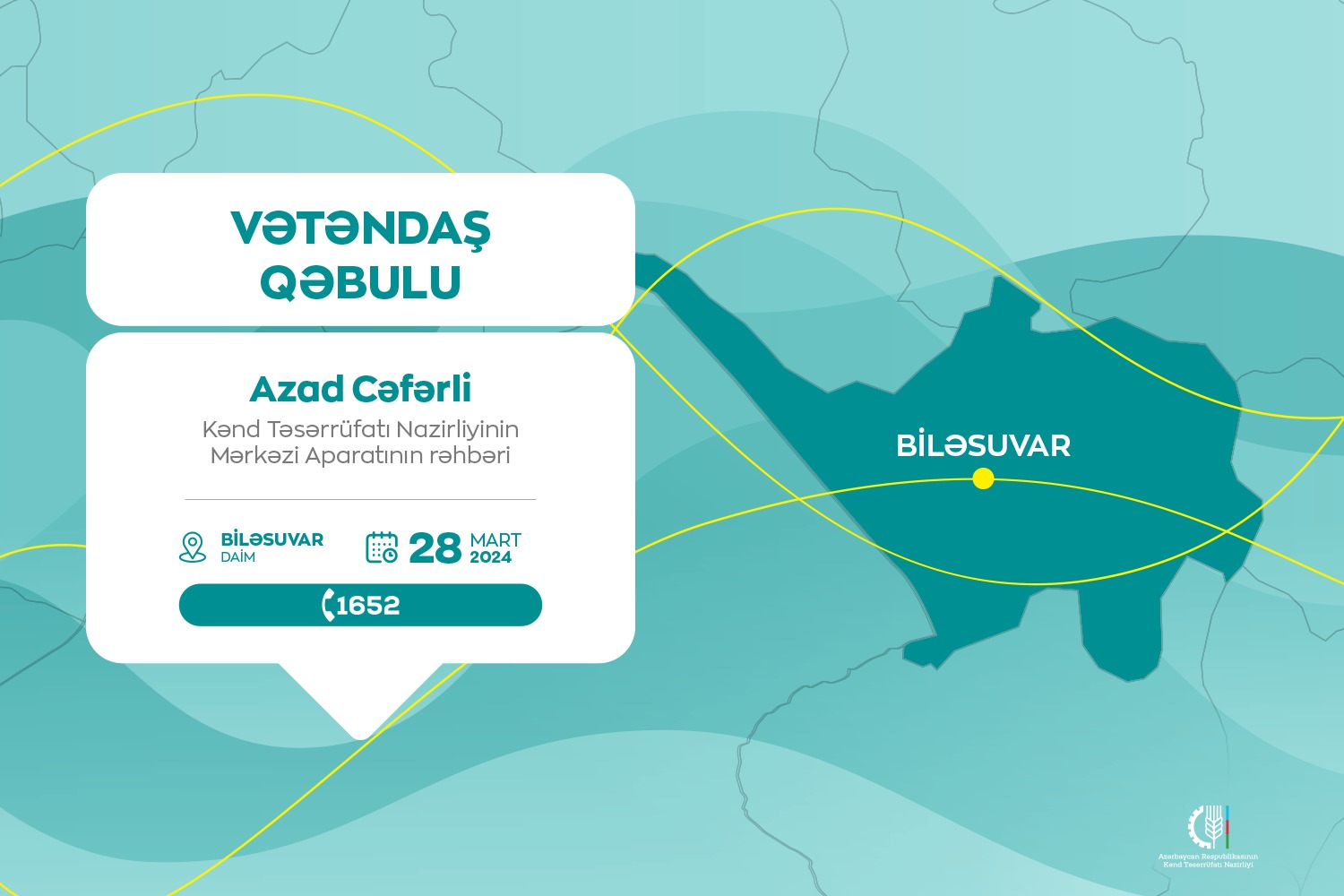 Kənd Təsərrüfatı Nazirliyinin Aparat rəhbəri Azad Cəfərli Biləsuvarda vətəndaşları qəbul edəcək