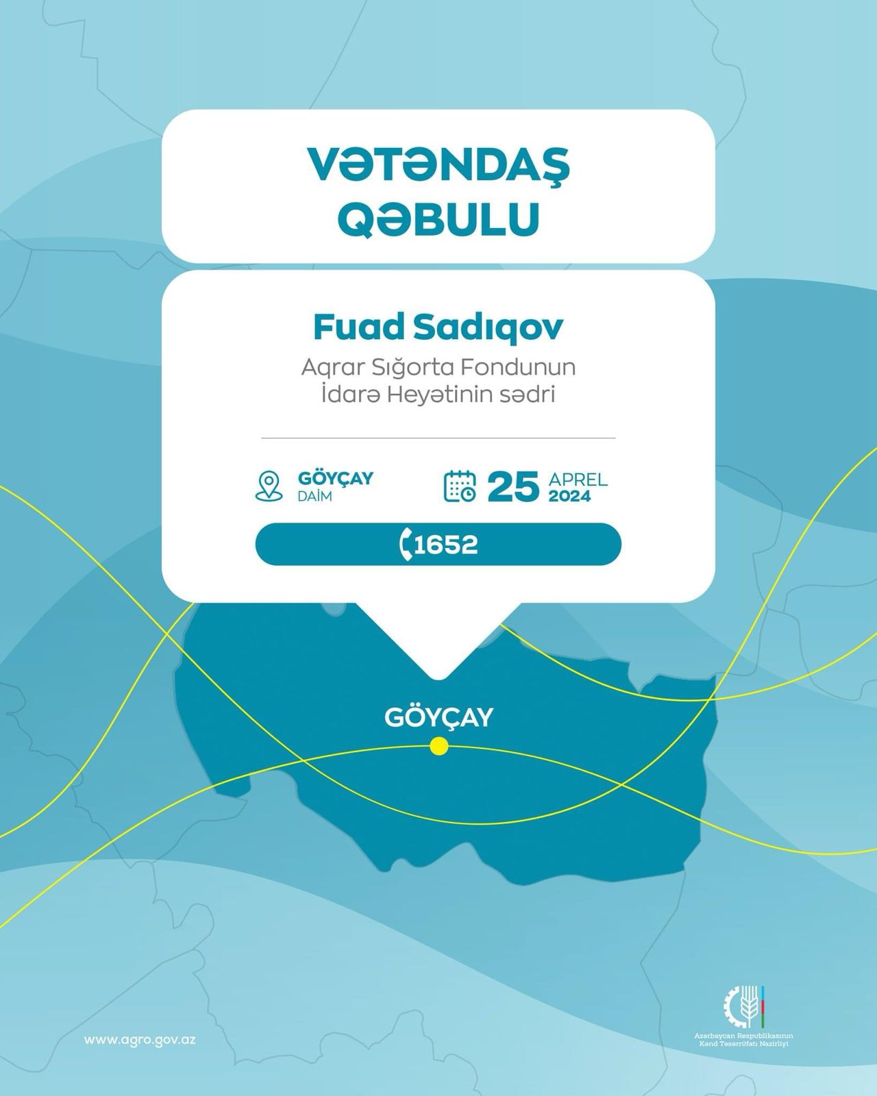 Aqrar Sığorta Fondunun İdarə Heyətinin sədri Fuad Sadıqov Göyçayda vətəndaşları qəbul edəcək