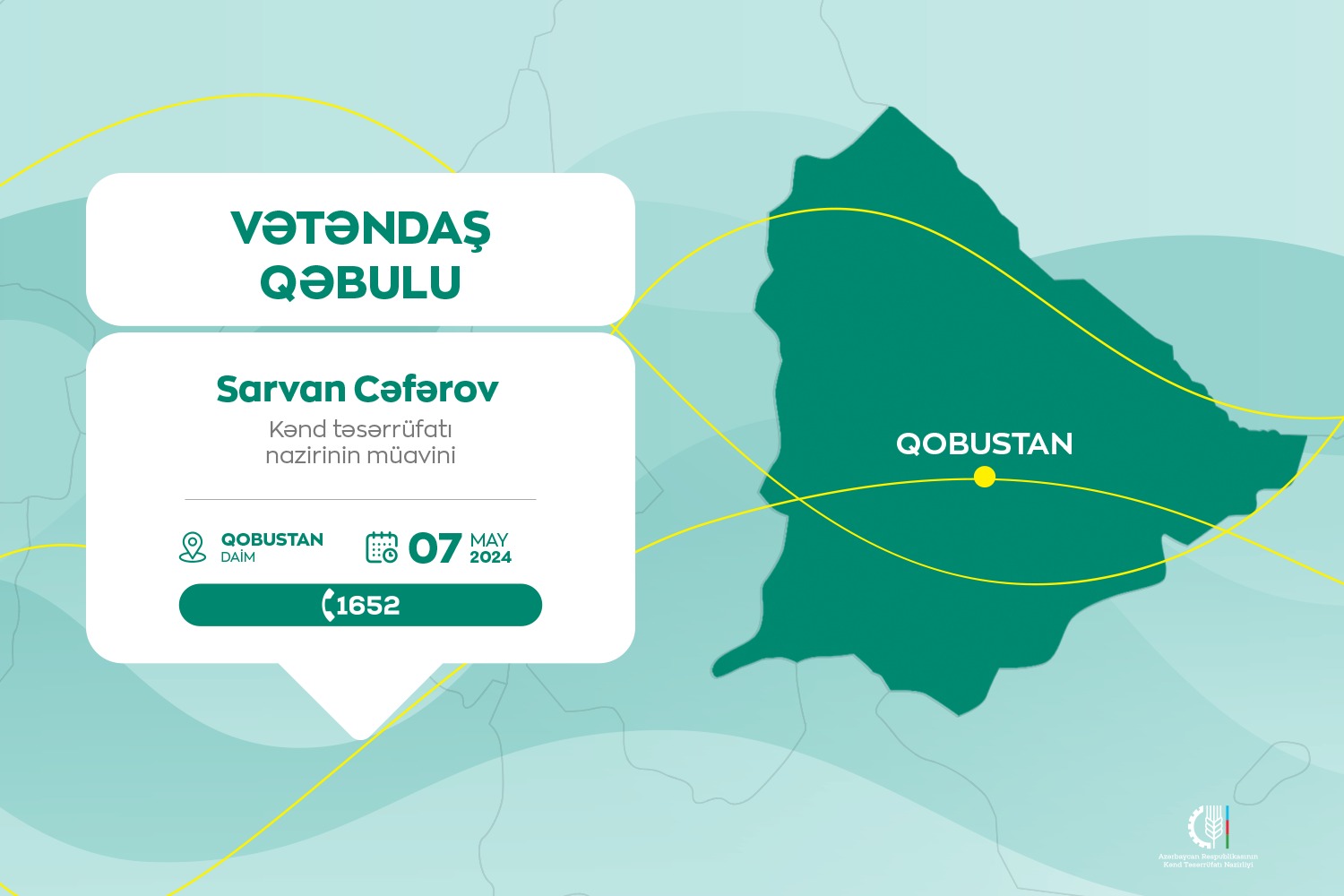 Kənd təsərrüfatı nazirinin müavini Sarvan Cəfərov Qobustanda vətəndaşları qəbul edəcək