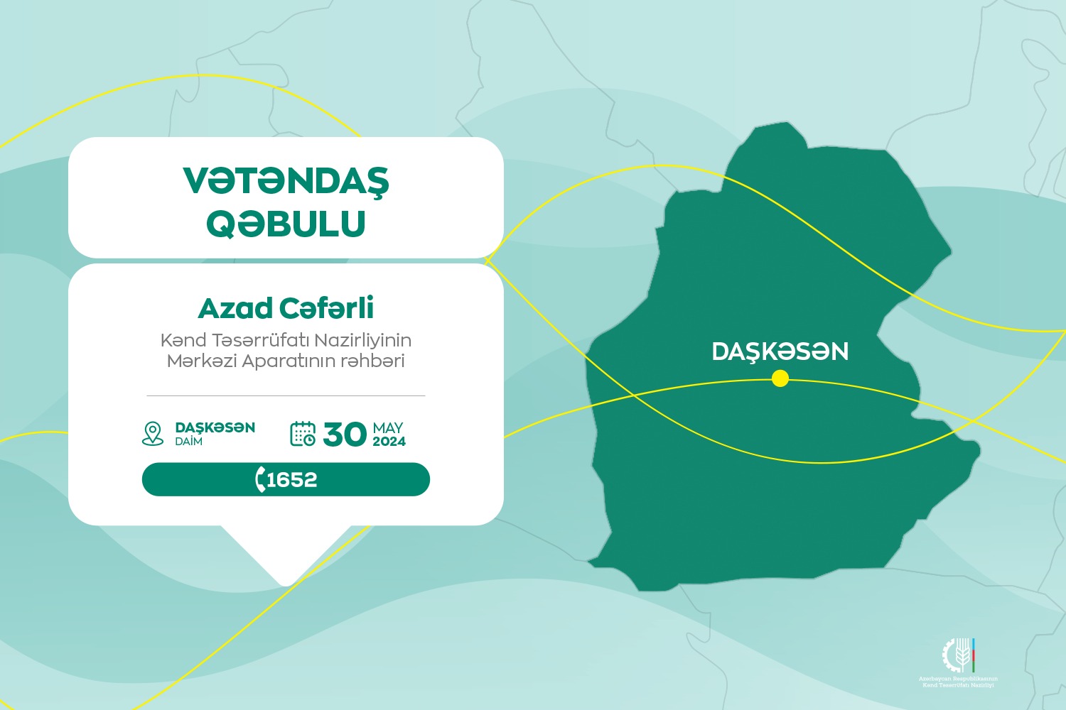 Kənd Təsərrüfatı Nazirliyinin Aparat rəhbəri Azad Cəfərli Daşkəsəndə vətəndaşları qəbul edəcək