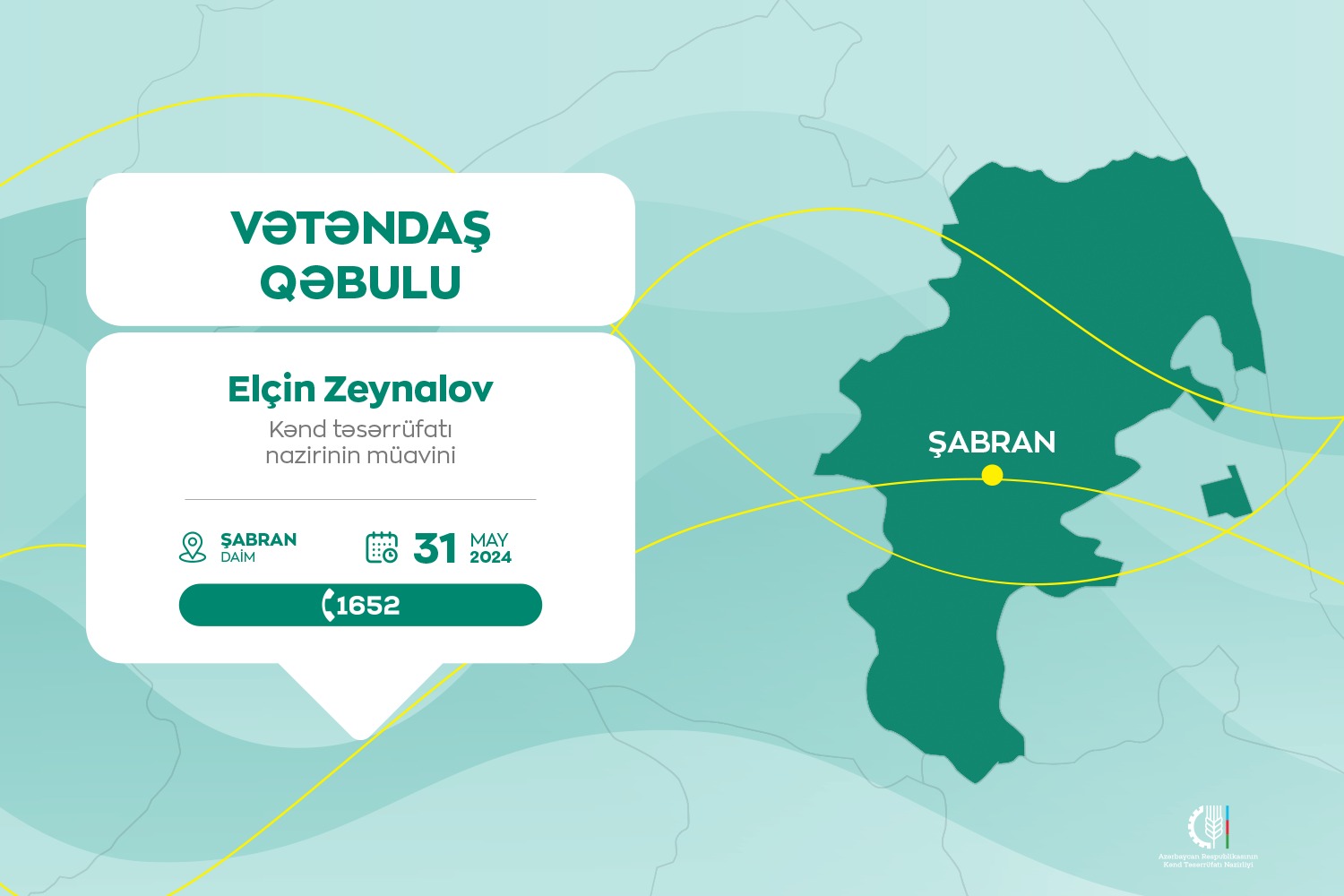 Kənd təsərrüfatı nazirinin müavini Elçin Zeynalov Şabranda vətəndaşları qəbul edəcək