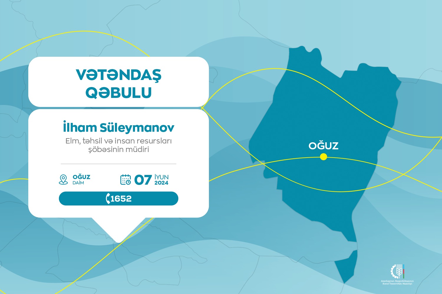 Kənd Təsərrüfatı Nazirliyinin Elm, təhsil və insan resursları şöbəsinin müdiri İlham Süleymanov Oğuzda vətəndaşları qəbul edəcək