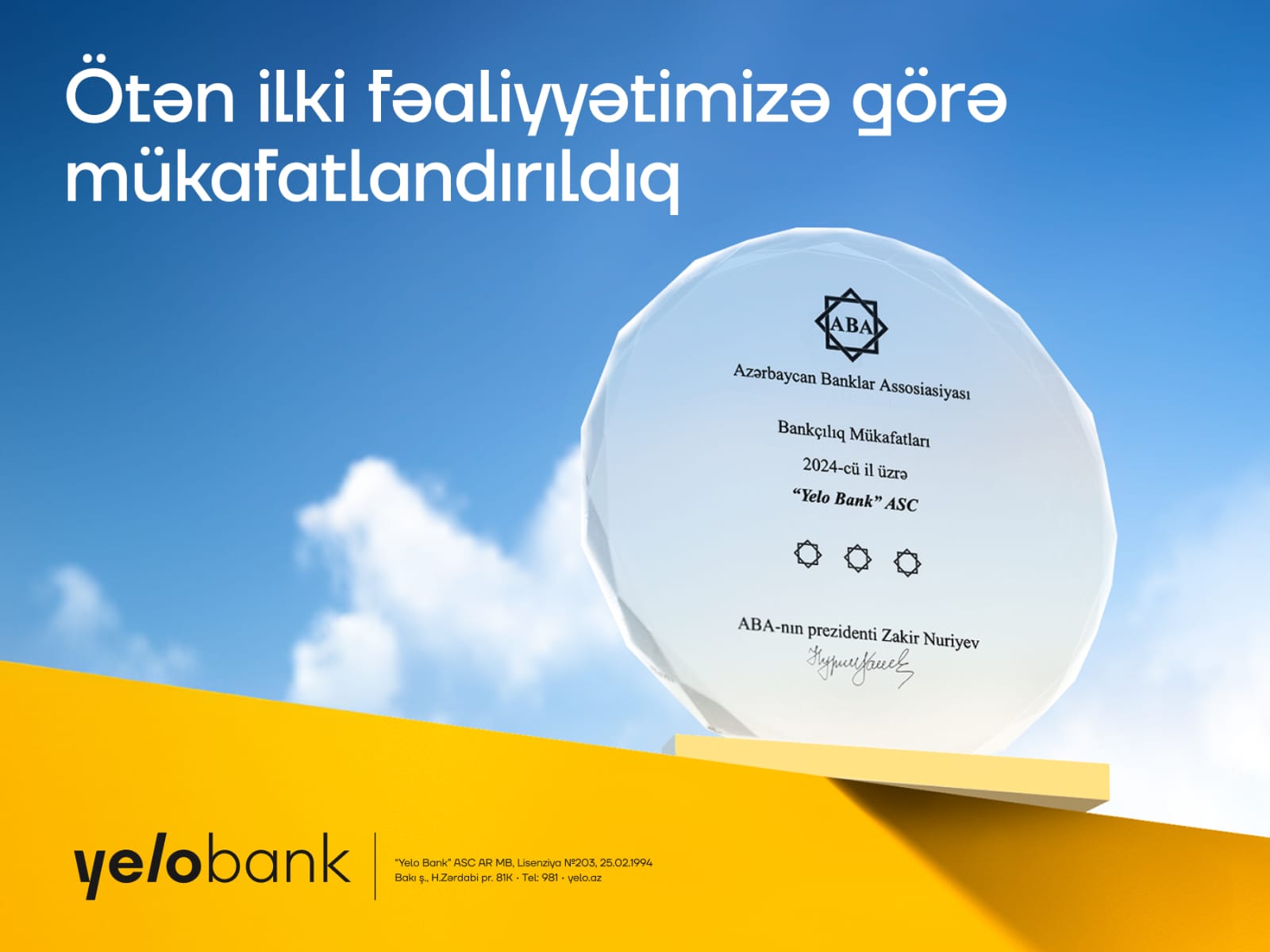 Yelo Bank 2024-cü ildəki fəaliyyətinə görə mükafatlandırıldı