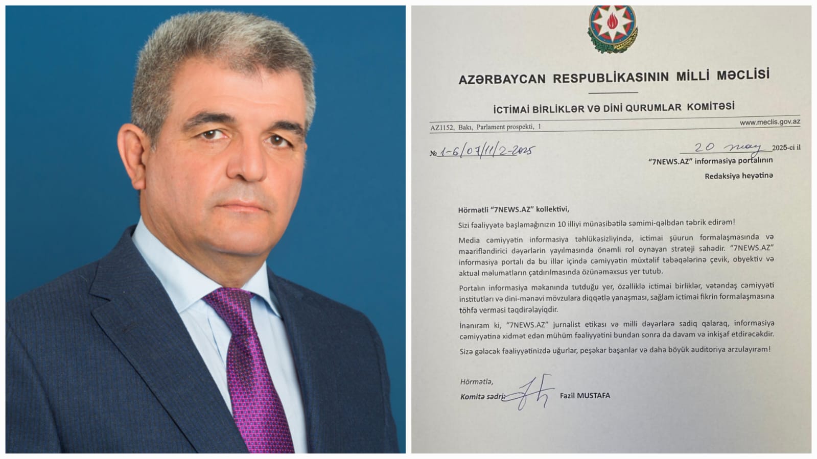 Milli Məclisin komitə sədri “7NEWS.AZ” saytını 10 yaşı münasibəti ilə təbrik etdi