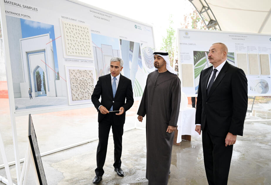 İlham Əliyev və Birləşmiş Ərəb Əmirliklərinin Prezidenti Yeni Şuşa məscidində tikinti işlərinin gedişi ilə tanış olublar - FOTO