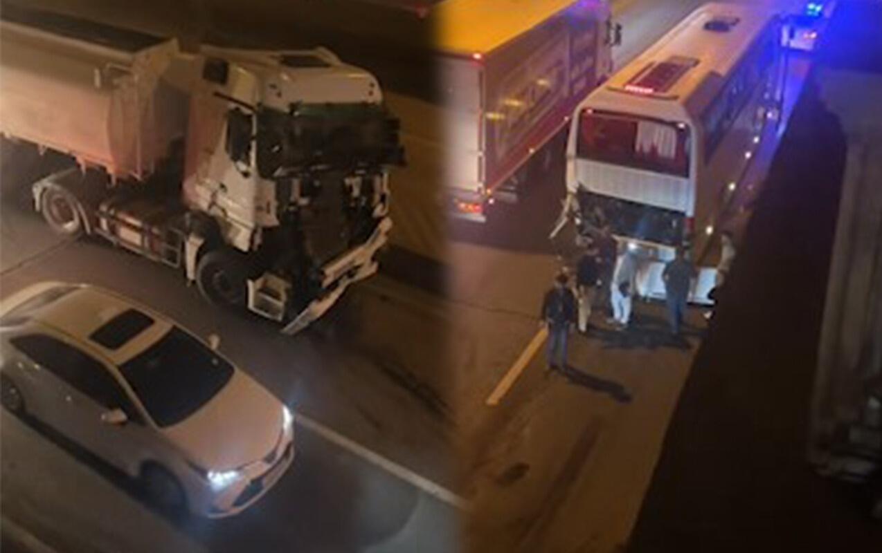 Gecə saatlarında yük maşını avtobusla toqquşdu - VİDEO