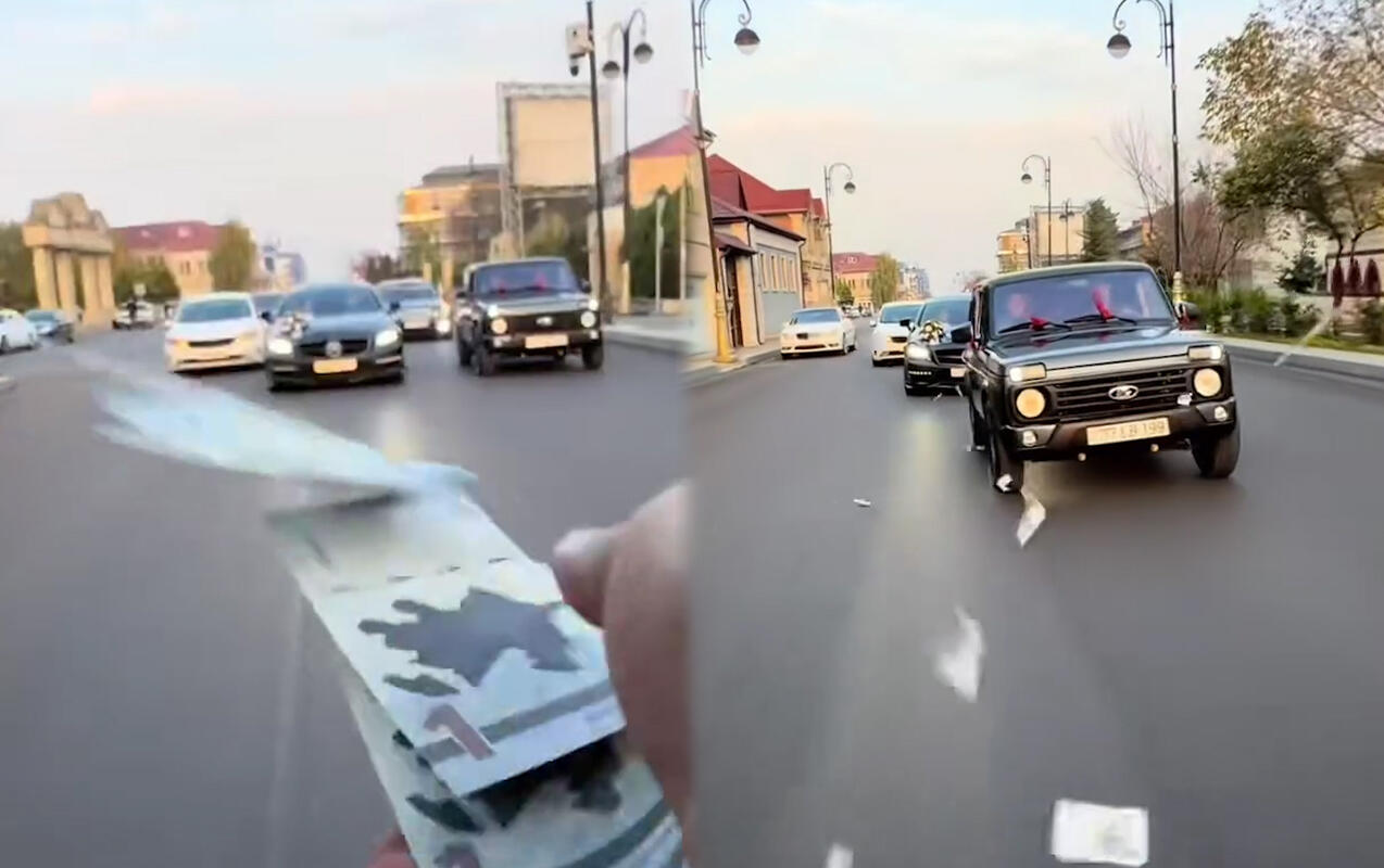 Toy karvanında “avtoş”luq edib yola pul səpdilər - VİDEO