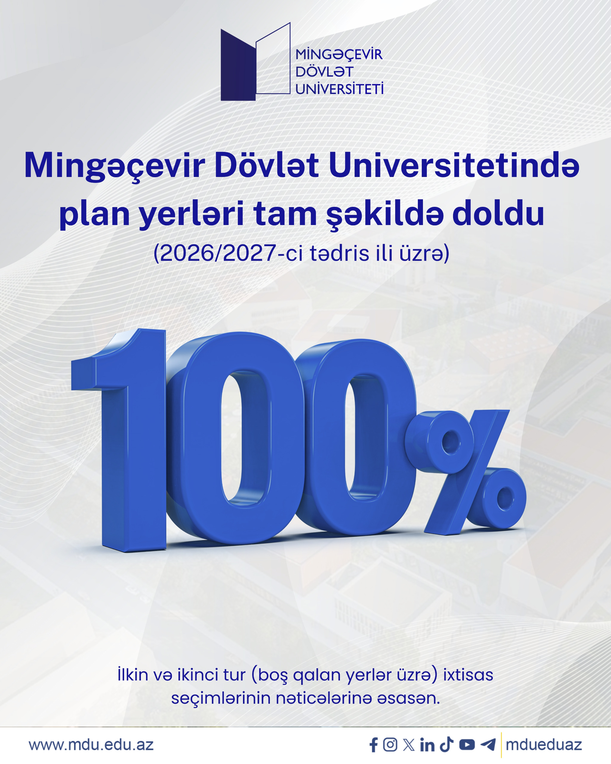 Mingəçevir Dövlət Universitetində bakalavriat səviyyəsi üzrə qəbul planı 100% dolub: 1750 nəfər tələbə adını qazanıb
