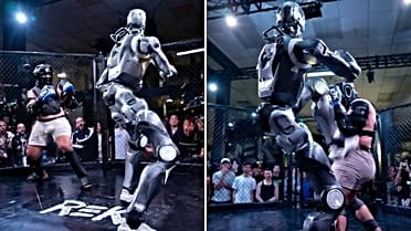 İnsanabənzər robot rinqə çıxdı, insan rəqibini yerə sərdi