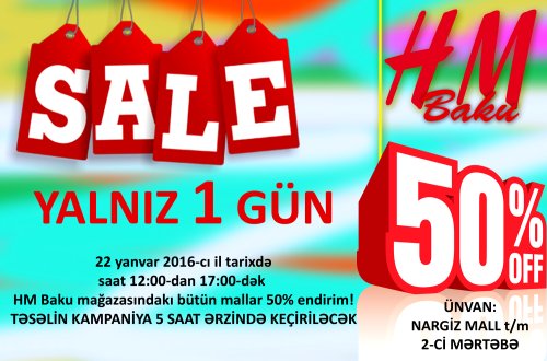 “HM Baku” dükanı bütün mallara 50% endirim edir