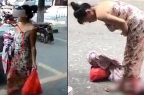 Qadın küçədə, ayaqüstə doğdu, heç nə olmamış kimi yoluna davam etdi - VİDEO