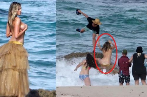 Yarıçılpaq şəkil çəkdirən model dənizə düşdü - FOTOLAR (18+)