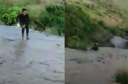 Selfi çəkdirmək istəyən oğlanın şəlalədən yıxılma anı - VİDEO