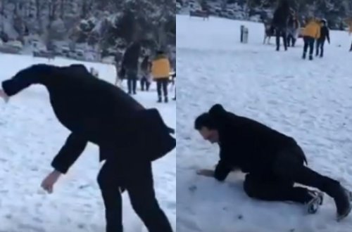 Elgiz qarda sürüşüb yıxıldı – Video