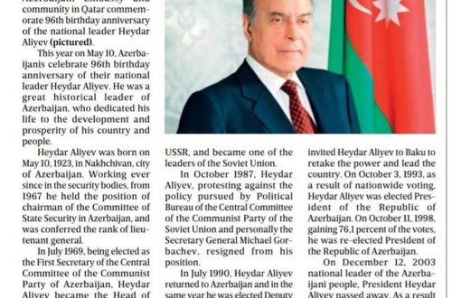 Nüfuzlu “The Peninsula” qəzeti Heydər Əliyev haqqında yazdı