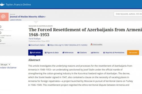 Britaniya jurnalında “1948-1953-cü illərdə azərbaycanlıların Ermənistandan sürgün edilməsi” adlı məqalə dərc olunub