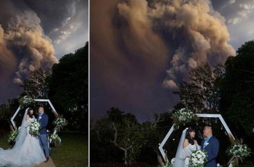 Püskürən vulkanın altında evləndilər - VİDEO