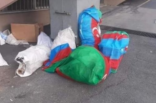 Bakıda utancverici mənzərə - Azərbaycan bayrağını zibil qutusuna atdılar - FOTO