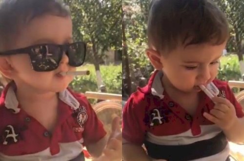 Tacir Şahmalıoğlunun bir yaşlı oğlu damağında siqaretlə... - Video