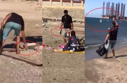 Bakıda sahildə “unikal təmizlik”: Kişi çimərlikdəki zibilləri toplayıb dənizə atdı - VİDEO