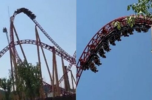 Attraksionda bir saat başıaşağı qaldılar - VİDEO