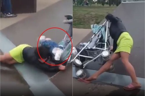 Tramplini uşaq arabası ilə “fəth etmək” istəyən qadın hər kəsi şoka saldı - VİDEO