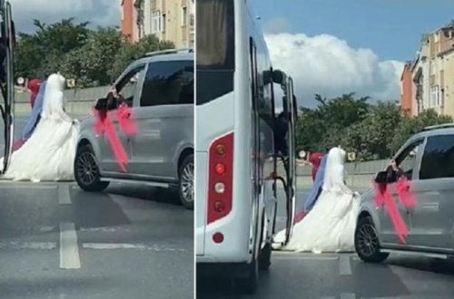 Bəy-gəlin və toy iştirakçıları avtomobilləri ilə yolu kəsib rəqs etdilər - VİDEO