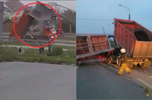 Piyada keçidi “KamAZ”ın üstünə çökdü – ANBAAN VİDEO