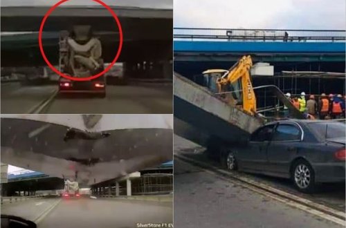 Betonqarışdıranın zədələdiyi körpünün maşının üstünə düşmə anı – VİDEO