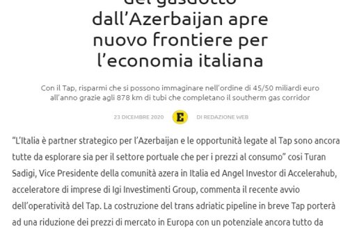 Azərbaycanlı icmasının üzvü TAP kəmərinin İtaliya iqtisadiyyatı üçün əhəmiyyətindən danışıb