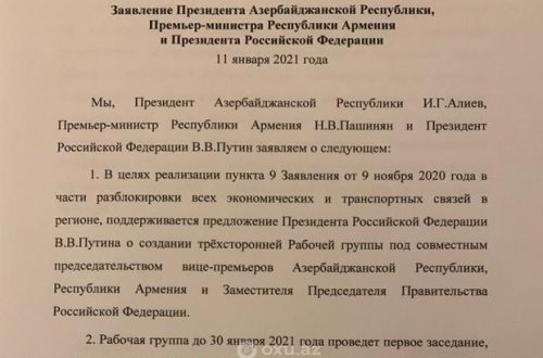 Azərbaycan, Rusiya və Ermənistanın başçılarının imzaladığı birgə bəyanatın mətni - YENİLƏNİB + FOTO