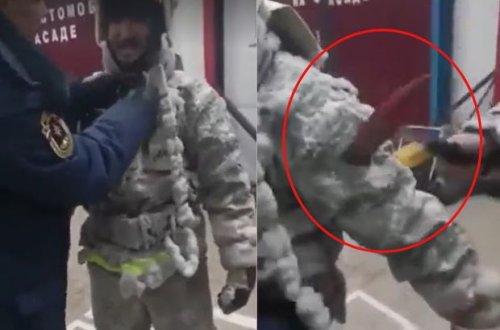 -54 dərəcədə yanğın söndürən xilasedicinin buzu balta ilə açıldı - VİDEO