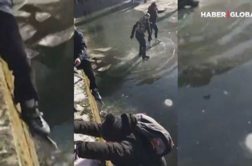 Donmuş çayda konki ilə sürüşmək həvəsinə düşənlərin təhlükəli anları - VİDEO