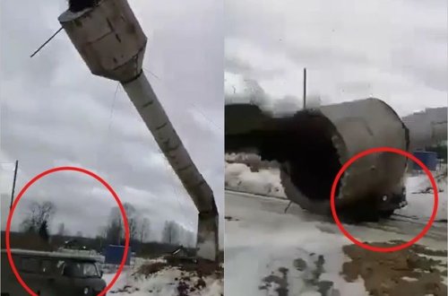 Su qülləsi onu təmir etməyə gələn fəhlələrin üstünə aşdı - VİDEO