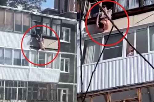 Eyvandan yıxılan kişini ayaqlarından tutub saxladı - VİDEO