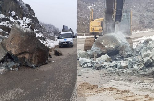 İri qaya parçası Gəncə-Daşkəsən yolunu düşdü - FOTO
