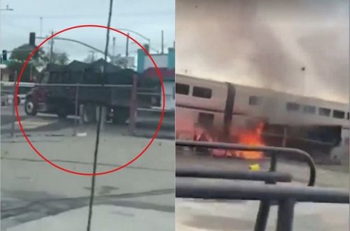 Dəmir yolunda ilişib qalan yük maşınının qatarla toqquşmadan sonrakı partlayış anı – ANBAAN VİDEO