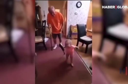 Çomaqla gəzən babasını yamsılayan körpə hamını güldürdü – VİDEO