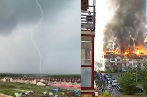 От удара молнии сгорел многоквартирный дом в России - ВИДЕО