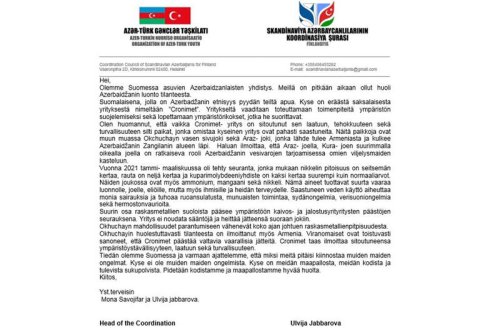 Finlandiyadakı azərbaycanlılar Oxçuçay fəlakəti ilə əlaqədar beynəlxalq təşkilatlara müraciət edib