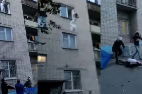 Gəlinlik geyinib binadan tullandı - VİDEO (+18)